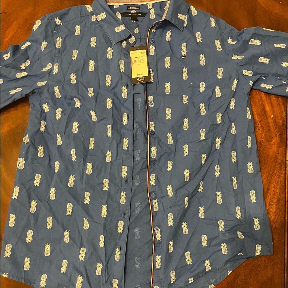 Tommy Hilfiger Blue Pineapple-Print Casual Button-Down Shirt